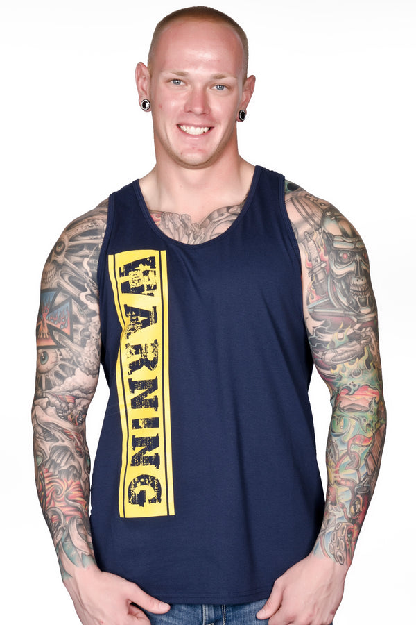 Men's "WARNING" Tank In Navy Blue!