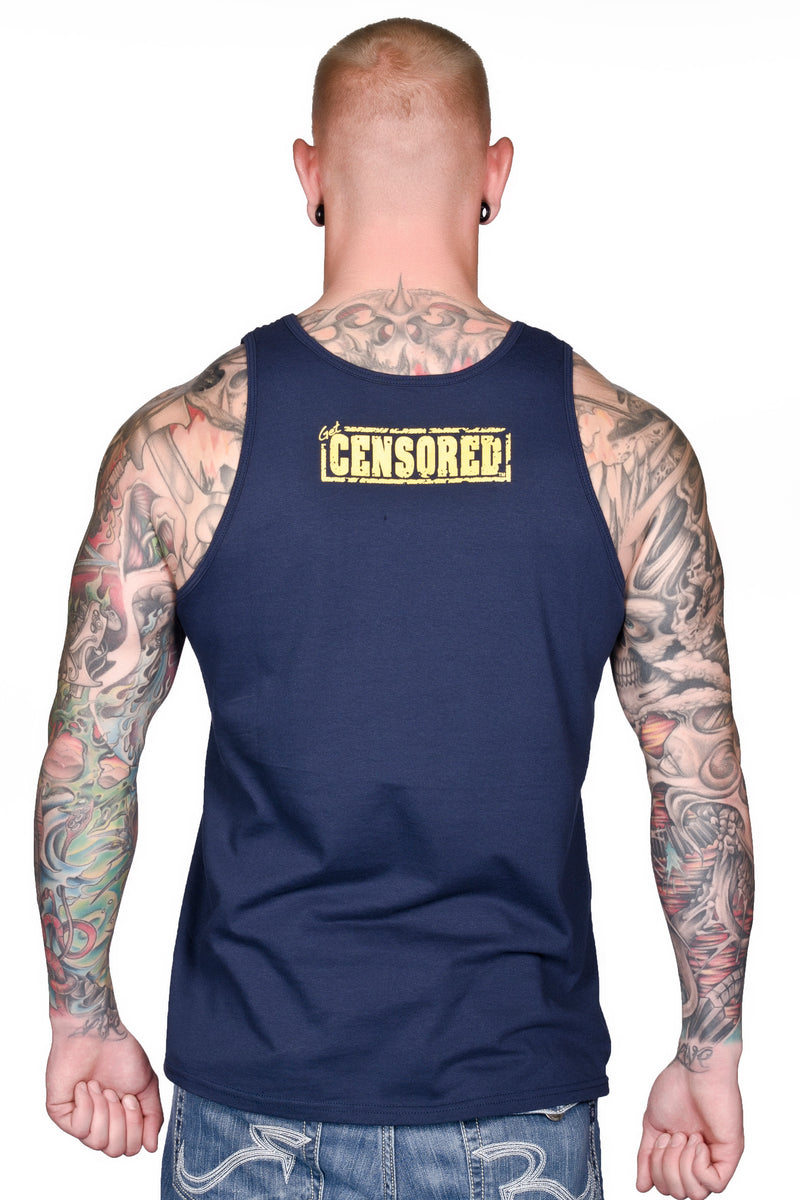 Men's "WARNING" Tank In Navy Blue!