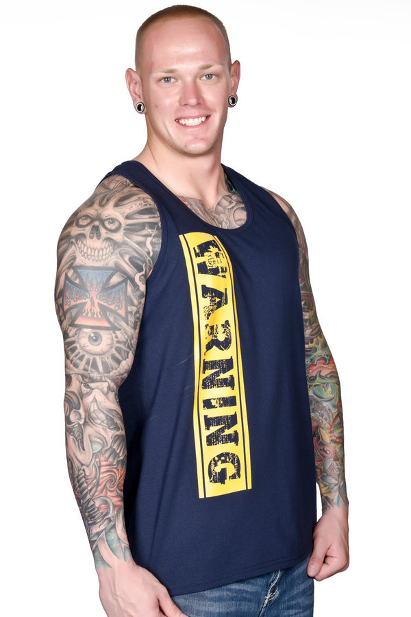 Men's "WARNING" Tank In Navy Blue!